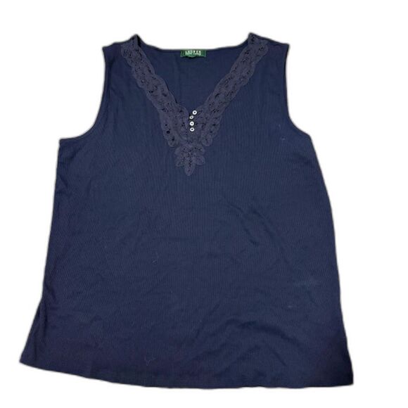Lauren Ralph Lauren Top 2X Blue V-Neck Lace Applique Sleeveless Casual Nautical - Picture 2 of 5